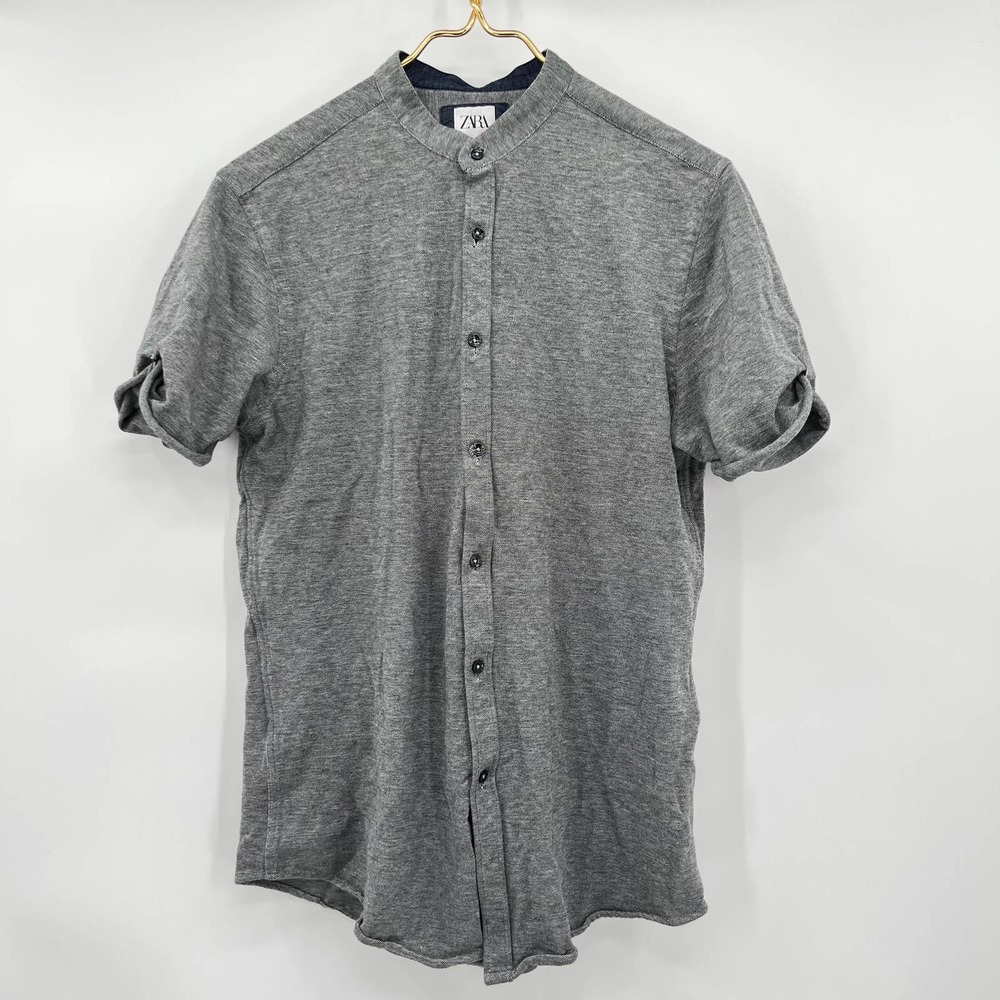Zara Men's Collarless Gray Button Up Slim Fit Shirt Size Large